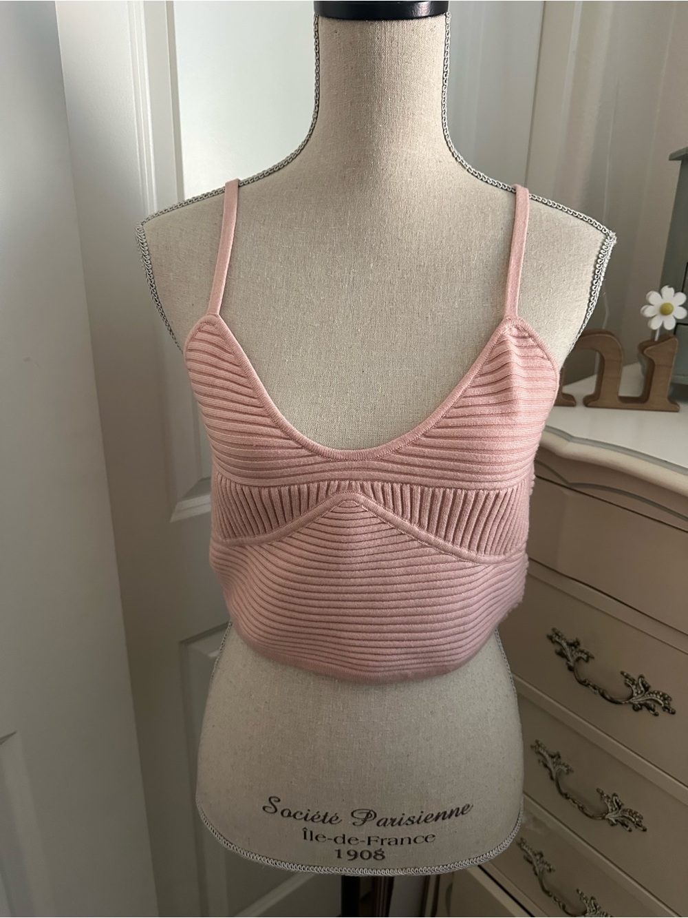 Women’s Ribbed Knit Spaghetti Strap Bralette — Pink